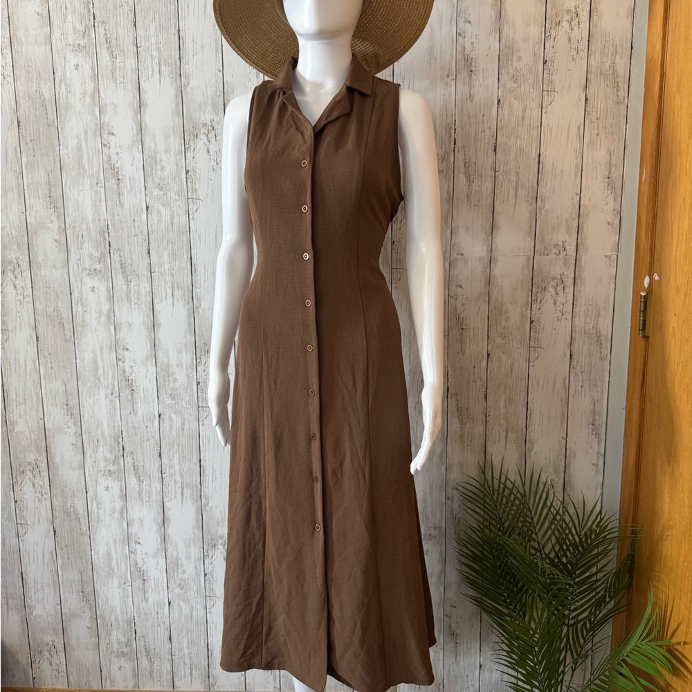 Brown Sleeveless Button-Down Maxi Dress